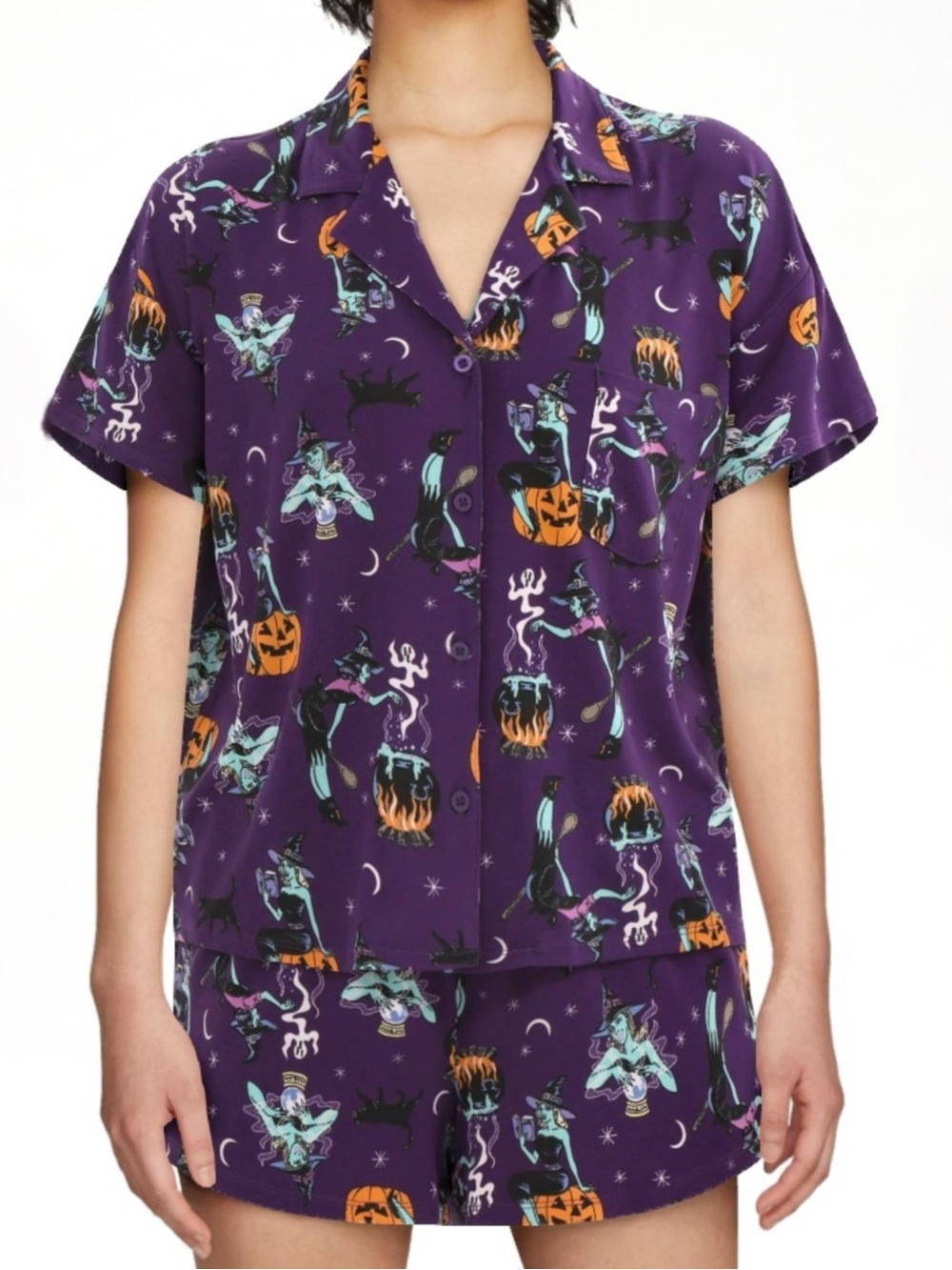 . Way To Celebrate Halloween Purple Witch Printed Button Up Shirt & Shorts Set - Picture 4 of 10